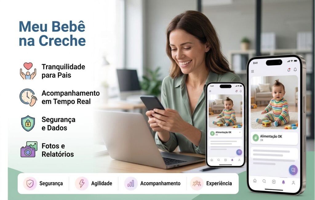 Mãe acompanhando através do aplicativo o filho na creche